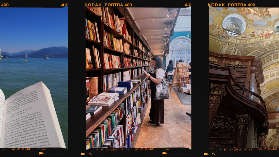 A collage of photos in polaroid frames, a book in front of a lake, me standing by a large bookshelf and the ceiling of a grand library