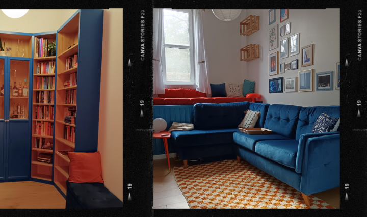 Images of a pretty blue and orange living room